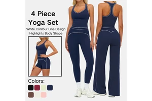 Women U Neck Backless Crop Tank With High Waist Shorts Leggings Wide Leg Pants 4PCS Yoga Training Activewear Set