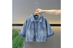 Girls Spring Autumn Washed Denim Jacket with Big Lace Bow Decor Back Lapel Button up Casual Outerwear