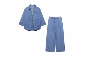 Spring New Arrival Women's 2-piece Suit Denim Shirt Jeans Solid Button Long Sleeves Elegant Commuting