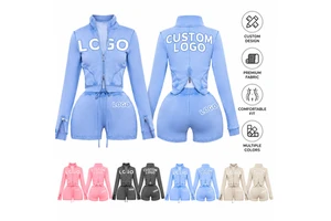 Custom Tracksuit For Women Embroidery Print Logo Cropped Sweatsuit Two Piece Streetwear Acid Wash Zip Up Hoodies And Shorts Set