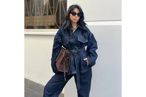 2025 New Fashion Casual Women's Two-Piece Denim Set Long Sleeve Denim Jacket Pants with Belt Decoration Top Type for Autumn