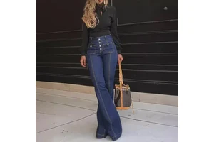 American Retro Slim Fit Denim Jeans Women's Spring Summer New Elastic Flared Pants Casual Female High-waisted Buckles Jeans