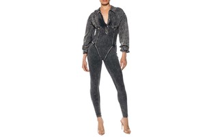 New Custom Sexy Women Acid Wash Denim Fitted Jumpsuit Long Sleeves Deep V Neck High Waist Slim Fit Jean With Belt Jumpsuit