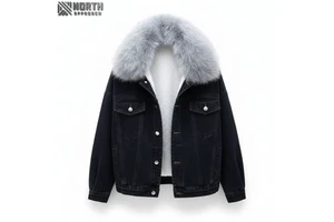 Women's Jean Jacket With Fur Winter Denim Coat With Furry Collar Single Breasted Jeans Jackets For Ladies