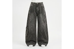 Men's High Street Asymmetrical Washed Jeans 700g Heavyweight Cargo Denim Pants Oversized Wide Leg Baggy Y2K Grunge Trousers