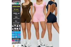 Custom Fabric Style Color Logo Yoga Clothes Set Short Tight Backless Bodysuit Women Gym Workout Running Yoga Wear Sport Jumpsuit