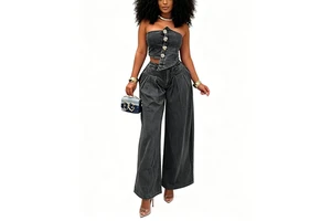 OEM/ODM Denim 2 Piece Women Outfit Asymmetric Corset Top Wide Leg Jean Pants Undefined Abbigliamento Donna Clothing Manufacturer