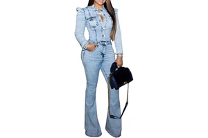 Denim 2 Piece Set Women Skinny Fit Casual Spring Summer Sleeveless Button Stand Collar Jacket Pockets Breathable Quick Dry High