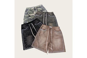Denim Manufacturer Streetwear Custom Vintage Print Wash Breathable Summer Mid Waist Men's Jeans Shorts with Rhinestones