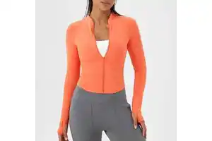 Women's Slim-Fit Long Sleeve Solid Yoga Jacket Lightweight Breathable Quick Dry Zippered Stand Neck Ribbed Fitness Top