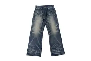Men's Flare Fit Distressed Blue Denim Jeans Plus Size Mid Waist Loose Casual Cotton Pants Button Fly Woven Style