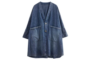 Boutique Wholesale Autumn New Fashionable Retro V-neck Loose Casual Breathable Single Breasted Long Denim Wool Women's Jacket