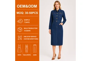 Women Long Sleeve Denim Shirt Dress With Pockets, Button Front Slim Fit Midi Jean Dress