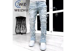 Wholesale Hot Sale Men's Jean Distressed Cargo Straight Leg Slim Stretch Casual Denim Jeans Trousers Pants for Man