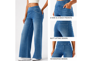 Customized Premium Stretch Faux Denim Casual Trousers Women's High Rise Jeans Style 5 Pockets Loose Straight Wide Leg Jeans