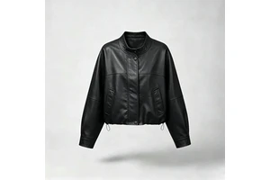 Women's Coated Stand Collar Button-Up PU Leather Eco-Friendly Bomber Jacket Short Cropped Solid Color Spring Autumn Casual