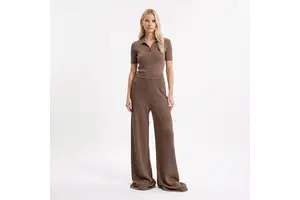 Extra Long Tall Women Wide Leg Knit Pants 36 Inseam High Waisted Ribbed Loungewear Custom OEM