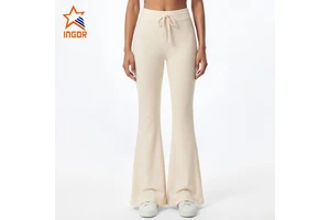 Wholesale Custom Logo Women Flare Yoga Leggings Buttery-Soft Nylon Spandex High Waist Drawstring Yoga Flare Pants