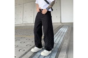 2026 Summer Men Mid Washed Hip Hop Jacquard All-over Print Denim Pants Lightweight Loose Straight Leg Casual Sabre Cut Trousers