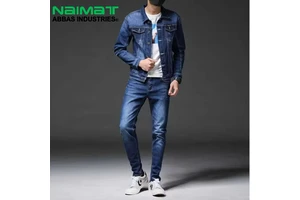 Dark Blue Denim Jacket for Men Button Front with Chest Pockets Casual Outfit Matching Streetwear Jeans Plain Dyed