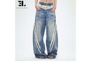 LARSUR Custom Denim Factory Premium Rhinestone Jewelry Studded Denim Pant Distressed Vintage Wash Patchwork Wide Leg Jeans Women