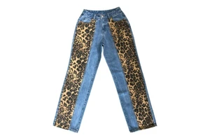 Leopard Print Patchwork Women's denim jeans Custom Washed blue straight Jeans for women