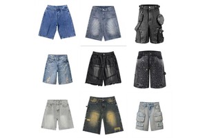 Custom Embroidered logo Summer Wholesale Wide Leg Distressed Loose High-rise Vintage Washed Heavyweight Men's Denim Shorts