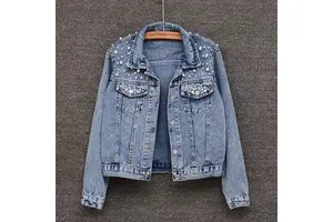 Women's Cropped Denim Jacket Pearl Beading Pink Short Jean Jacket Embellished Collar Pocket Spring Autumn Casual Outerwear