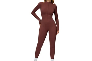 Women's Sports Jumpsuit Warm Long Sleeve Yoga Bodysuit Onesie One Piece Workout Stretchy Jumpsuits with Flared Pants Casual Sets