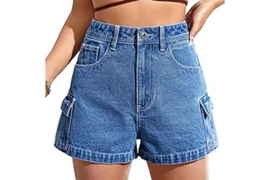 Cargo Style Women Denim Shorts High Waist Fashionable Stone Washed Casual Denim Shorts For Women