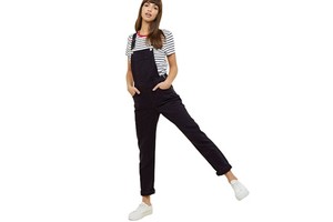 Elastic Cotton High Waist Breathable Vintage Print Straight Leg Black Denim Dungarees Rompers Loose Jean Overalls for Women