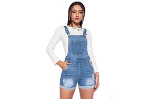 Fashion Lady Loose Strap Jeans Jumpsuit Bleach Wash Ripped Roll Hem Denim Overalls