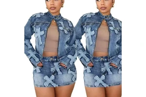 Fall Skinny Solid Casual Denim Two-piece Skirt and Jacket Set Breathable Designer Suit for European Women