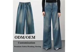 Factory ODM OEM Custom Y2K Vintage Women High Waist Grey Blue Wide Leg Baggy Tall Denim Pants Casual Streetwear Women Jeans