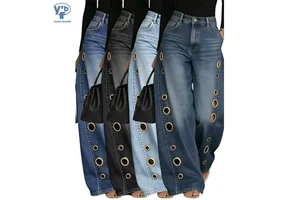 YUANBOFEI Women's Jeans Baggy Jeans Pants Vintage Wash High Waisted Blue Denim Casual Wide Leg Trousers with Side Eyelet Cutouts