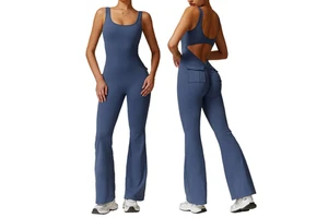 Hollow Out Back Yoga Jumpsuit One Piece Hip Lifting Workwear Multi-Pocket Sports Fitness Jumpsuit