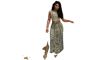 Chic European and American Women s Denim Twopiece Set With Handcrafted Vest and Split Skirt