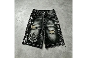 Mens Vintage Mid Black Washed Denim Bermuda Shorts Rhinestone Studded Skull Print Distressed Raw Hem Custom Streetwear 100%
