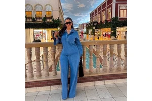 Custom Casual Denim Suit for Women with Long Sleeve Lapel Pocket Top and Lace-Up Straight Jeans Set-Breathable