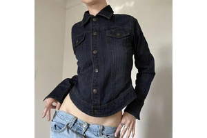 Wholesale Women's Vintage Dark Blue Denim Casual Coat With Irregular Hem Lapel Long-Sleeved Denim Jacket 2024 Womens Clothes