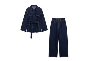 New Women's Clothing European and American Style Loose Strap Casual Denim Jacket Straight Leg Denim Suit