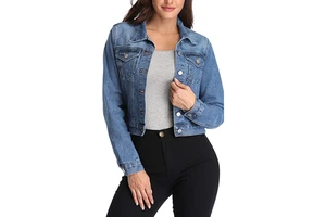 Women Denim Jacket Ladies Jeans Jacket Blue Long Sleeve 2 Front Pockets Jeans Jackets in Wholesale Price with Customized logo