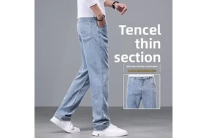 Bestseller Cotton Knitted Washed Denim Men's Early Autumn Loose Durable Straight-Leg Lightweight Mid Waist Casual Trousers