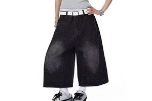 Custom Women's Denim Shorts Casual Rhinestone Denim Shorts for Women Baggy Half Jeans Pants