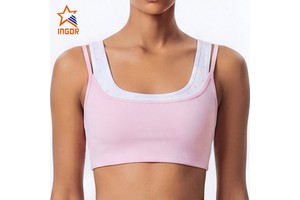 Custom Logo Womens Square Neck Sports Bra Double Strap Padded Yoga Bra Buttery Soft Workout Bra With Contrast Polka Dot Trim