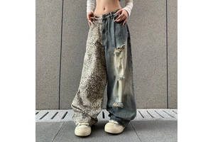 Plus-size Washed-and-distressed Leopard-print Ripped Jeans-men's and Women's Streetwear Loose-fit Slimming Wide-leg Long Pants