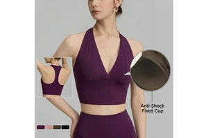 Women's Breathable High Support Seamless Sports Bra with Racer Back Straps Deep V-Neck Fixed Cups Fitness Yoga Top