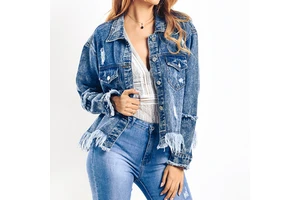 Stylish Regular Fit Casual Autumn/Winter Button Fringed Denim Jacket For Women