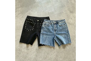 OEM ODM Custom Eco Distressed 14oz Vintage Wash Snow Wash Denim Shorts Rhinestone Raw Hem Side Zipper Streetwear Men's Jorts