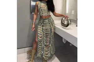 Women's Summer Denim Suit Cross-border Fashion Matching Personalized Hand-worn Vest High Slit Denim Skirt
